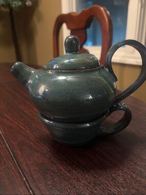 Handmade Teapot with Cup Set - Deep Teal Glaze